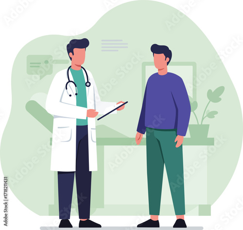 Vector art of doctor consulting with patient in examination room with medical equipment