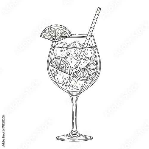 Line art illustration of a refreshing Aperol Spritz cocktail garnished with citrus slices and ice cubes