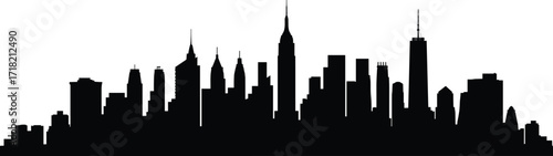 Black silhouette of city skyline, urban buildings outline, modern architecture, skyscrapers silhouette, metropolitan landscape, cityscape graphic, downtown skyline illustration