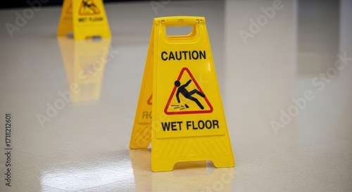 Yellow Caution Wet Floor Sign Warning of Slippery Surface Danger