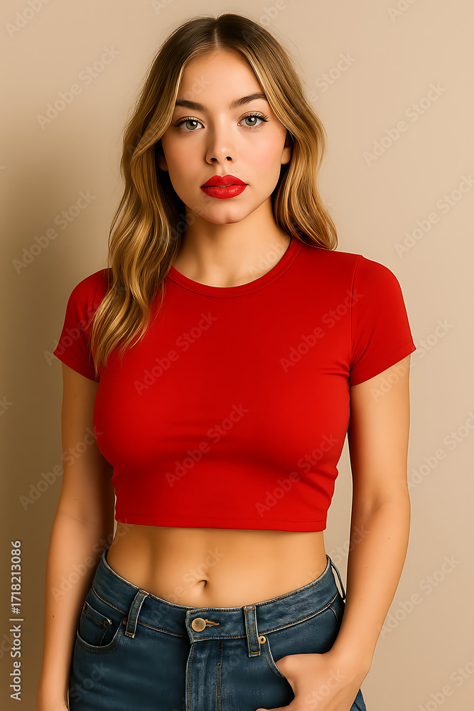 Fototapeta premium Modern Radiance: A portrait of a young woman embodies effortless style, confidently adorned in a red crop top and stylish jeans, radiating modern elegance against a subtle background.