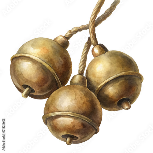 Three golden bells hanging on rope isolated on a transparent background metal