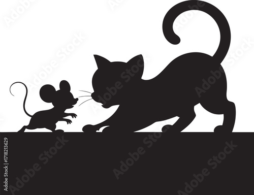 Black silhouette of a cat stretching towards a small mouse on a white background illustration