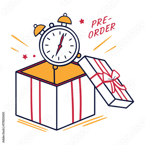 Alarm clock peeking out of open gift box with pre-order text