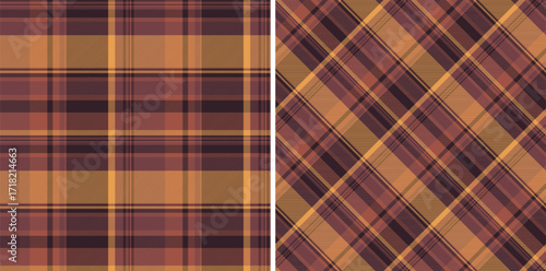 Seamless check plaid of pattern fabric background with a vector textile texture tartan. Set in warm colors for fashion design sample ideas.