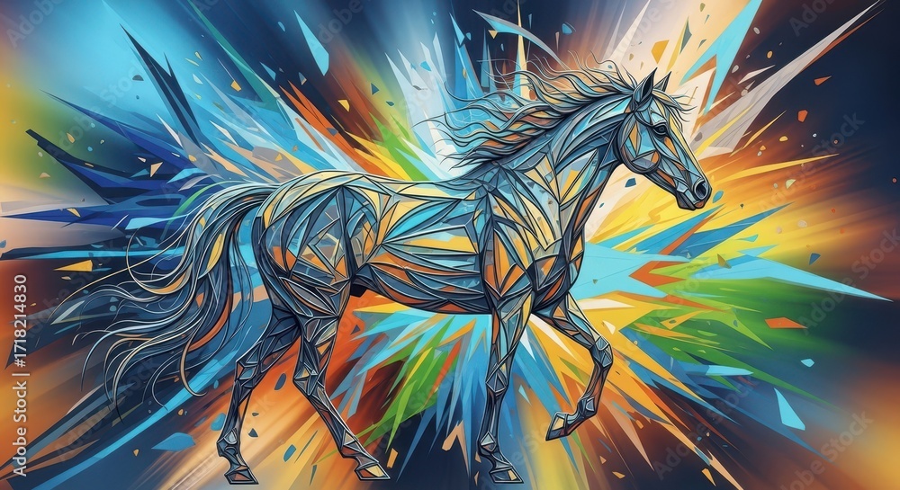 Fototapeta premium A Powerful Mechanical Horse Galloping Through A Colorful Cosmic Explosion