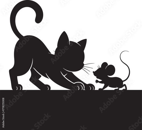 A black silhouette of a cat stretching toward a small mouse on a white and black background design
