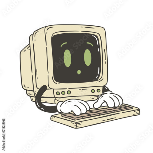Retro Doodle Cartoon of Computer Character Typing on Keyboard