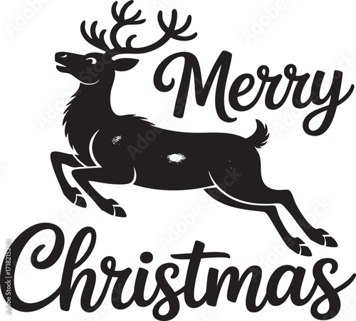 A christmas graphic with a reindeer jumping and the words merry christmas surrounded by stars