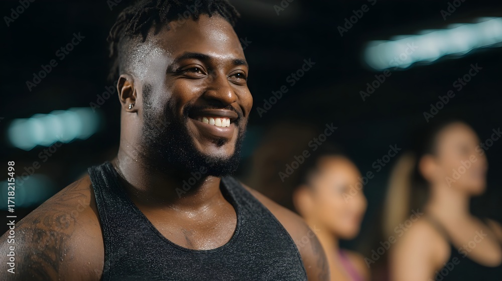 Fototapeta premium A fit Black man with dreadlocks smiles broadly sweating during a gym workout with others blurred in the background