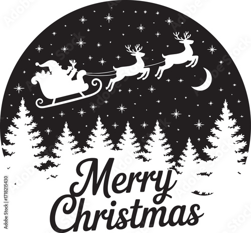 A christmas scene with santa in his sleigh pulled by reindeer over a forest at night with stars
