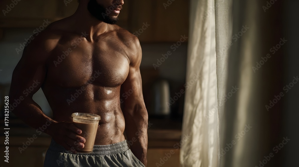 Fototapeta premium Shirtless muscular man with defined abs holds a protein shake during a healthy moment in a sunlit kitchen showcasing fitness and nutrition