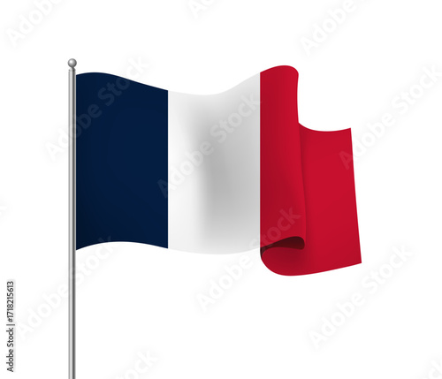 France flag on flagpole waving in the wind, National flag waving symbol. Banner design element.