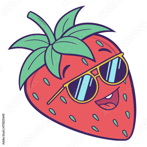 Cool strawberry with sunglasses is smiling happily