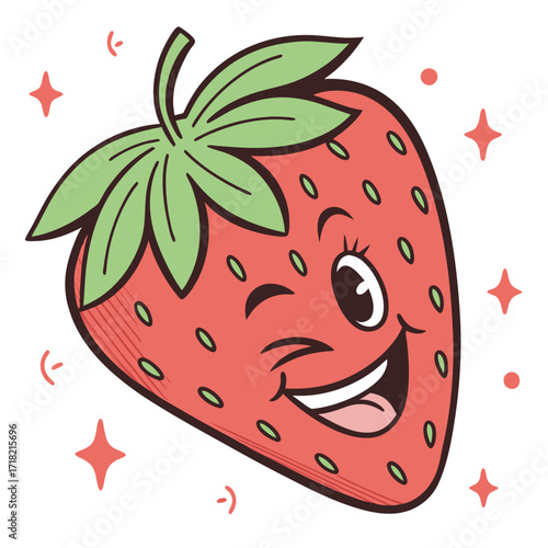 Cheerful strawberry cartoon character with winking eye