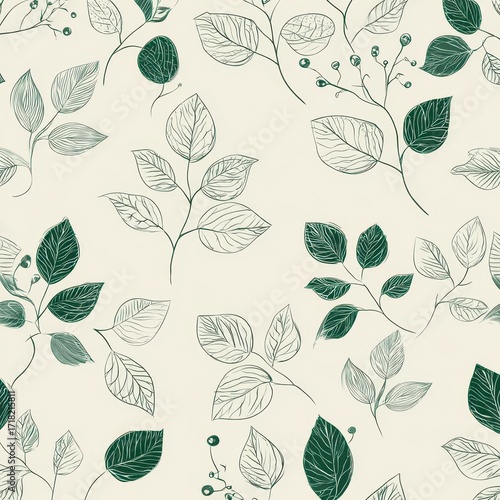 Elegant Seamless Botanical Pattern with Hand-Drawn Ink Leaves and Lush Green Accents.