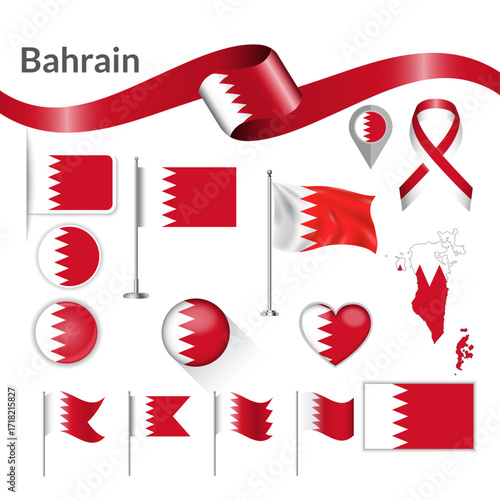Bahrain Flag Collection National Symbols and Icons Set