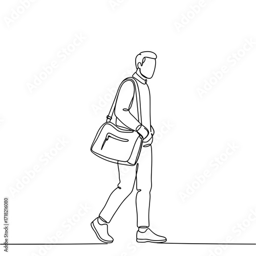 Man walking with bag in minimal line art style  
