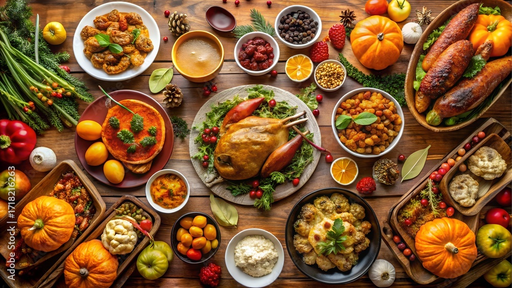 Fototapeta premium Abundant thanksgiving dinner spread on wooden table