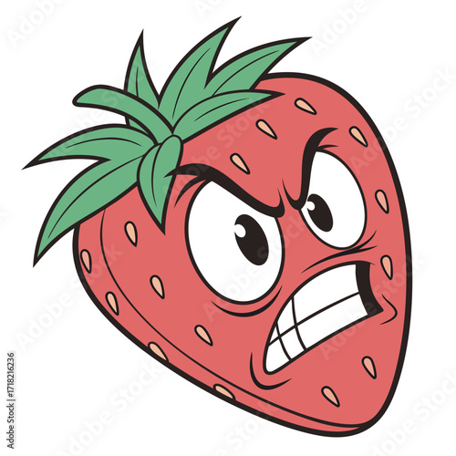 An irate strawberry with gritted teeth