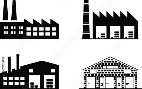 Factory silhouette, warehouse building, industrial plant vector, storage facility illustration, black workshop design, production hall graphic, vintage industry architecture, old construction symbol