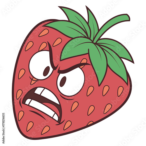 A furious strawberry with an open mouth