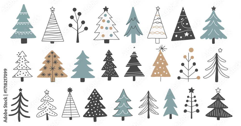 Obraz premium Christmas Winter Collection with Trees and Doodle Shapes – Various Seasonal Designs Isolated on White Background for Holiday Decor and Illustrations