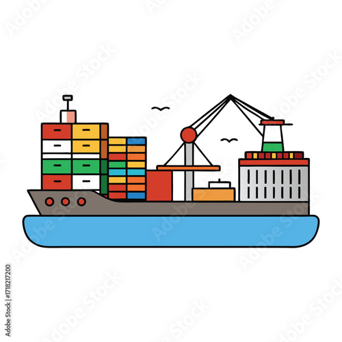 A bustling cargo port with towering cranes unloading containers, ships docked along the pier, and workers coordinating the flow of goods efficiently.
