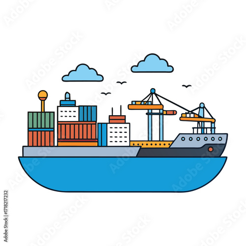 A bustling cargo port with towering cranes unloading containers, ships docked along the pier, and workers coordinating the flow of goods efficiently.

