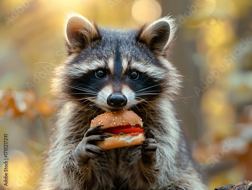 A cute raccoon eating a hamburger, AI generated	