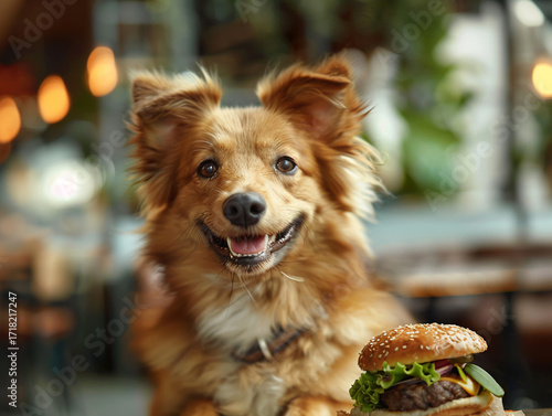 A cute dog eating a tasty hamburger, AI generated	