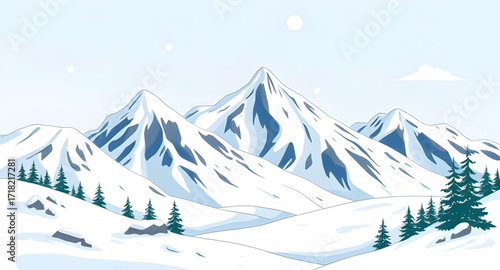winter mountain cartoon background, snowy landscape, winter scene, mountain illustration, cold season, snow hills, cartoon nature, frozen forest, icy peaks, holiday background, winter sky, frosty weat