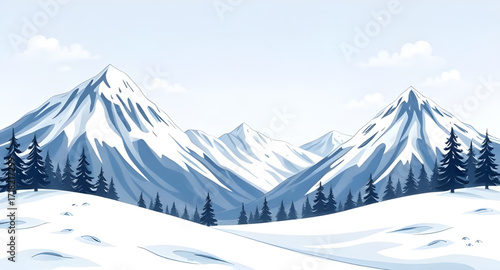 winter mountain cartoon background, snowy landscape, winter scene, mountain illustration, cold season, snow hills, cartoon nature, frozen forest, icy peaks, holiday background, winter sky, frosty weat