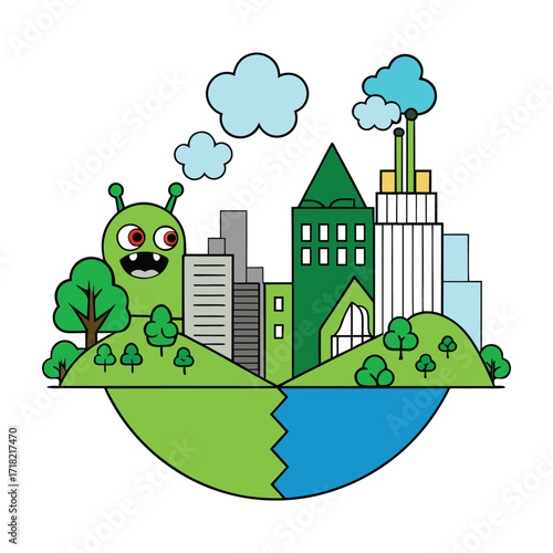 A vivid contrast of a thriving green city with clean air and nature versus a gray, polluted city shrouded in smog, highlighting the impact of environmental choices.
