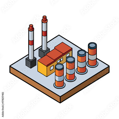 A detailed isometric oil refinery with towering distillation columns, pipelines, storage tanks, and industrial structures, showcasing complex energy production from a 3D perspective.
