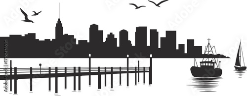 Coastal city skyline silhouette, fishing boat, sailboat, pier, birds flying, waterfront vector illustration, black and white clipart, calm water