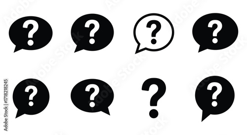 Collection of black and white question mark speech bubble icons displayed