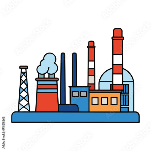 A detailed illustration representing an oil refinery with tall chimneys, storage tanks, and industrial pipes, symbolizing energy production and modern industry.
