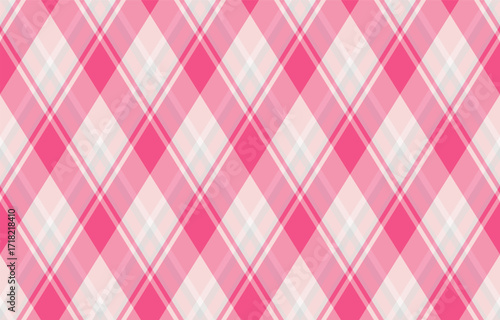 Vibrant pink and white diagonal plaid pattern.  Perfect for backgrounds, textiles, or fashion designs.  This cheerful, seamless texture evokes feelings of femininity and sweetness.
