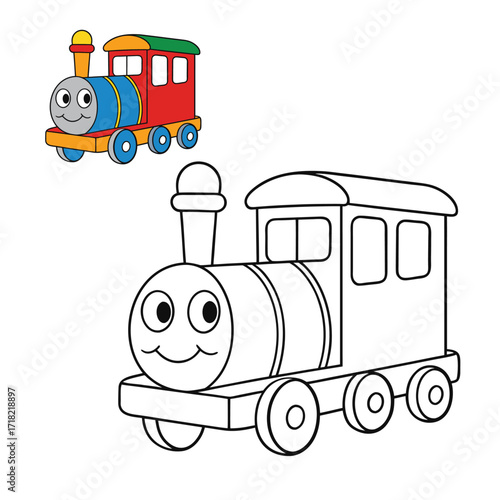 A fun toy train coloring page featuring a cute locomotive with carriages, ready for kids to add bright colors and creativity, perfect for playful learning and joy.
