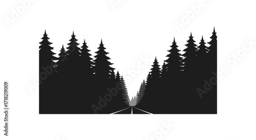 A silhouetted forest scene with a road leading into the distance