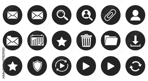 Collection of minimalist black circular icons representing various digital functions