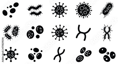 Various microscopic organisms including bacteria and viruses displayed in black silhouettes