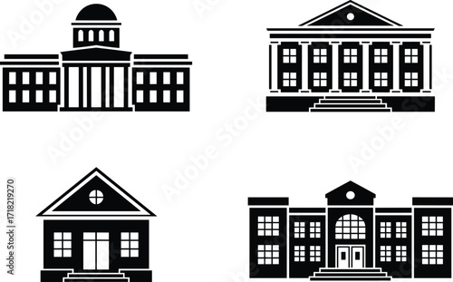 School and university building silhouette set, education architecture vector, college campus design, academic institution illustration, learning center structure graphic icon