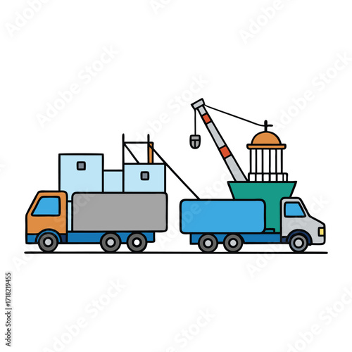 Busy port scene with trucks and cranes working together, loading and unloading containers, showcasing trade, transport, and global shipping in full motion.
