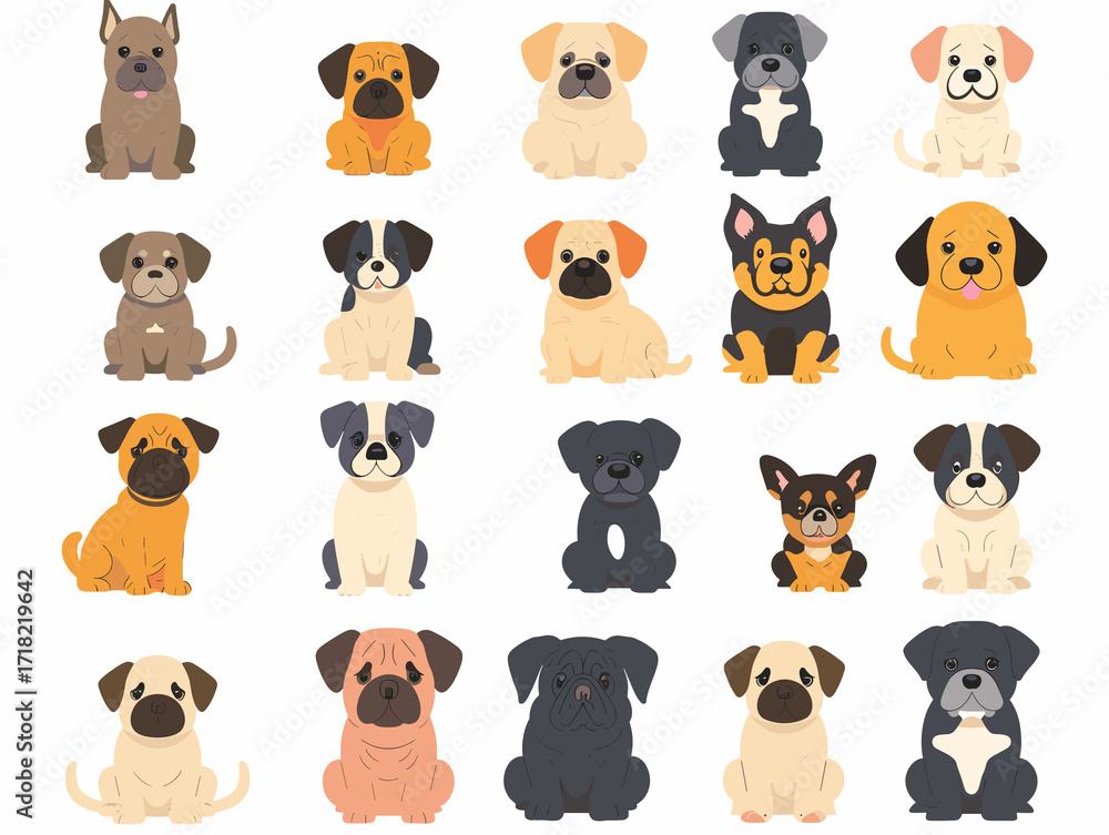 Obraz premium Illustration of various dog flat style illustration. AI generated