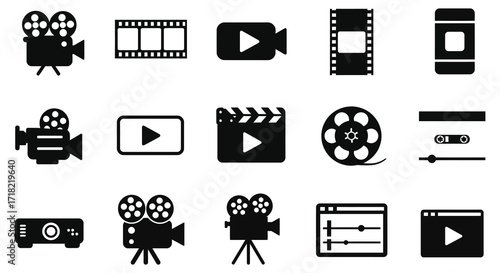 Collection of black film video and cinema related icons isolated on white