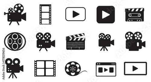 Collection of various black and white film and video related icons