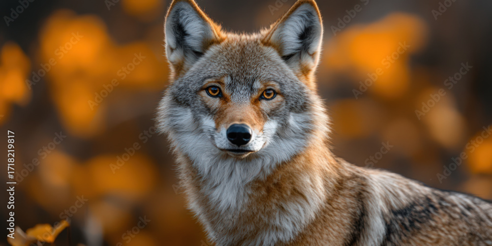 Fototapeta premium Closeup portrait of wild wolf in a blurry autumn landscape