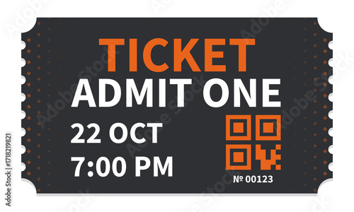 Dark ticket pass, admit one for concert, party, cinema, theatre with golden text, letters and qr.
